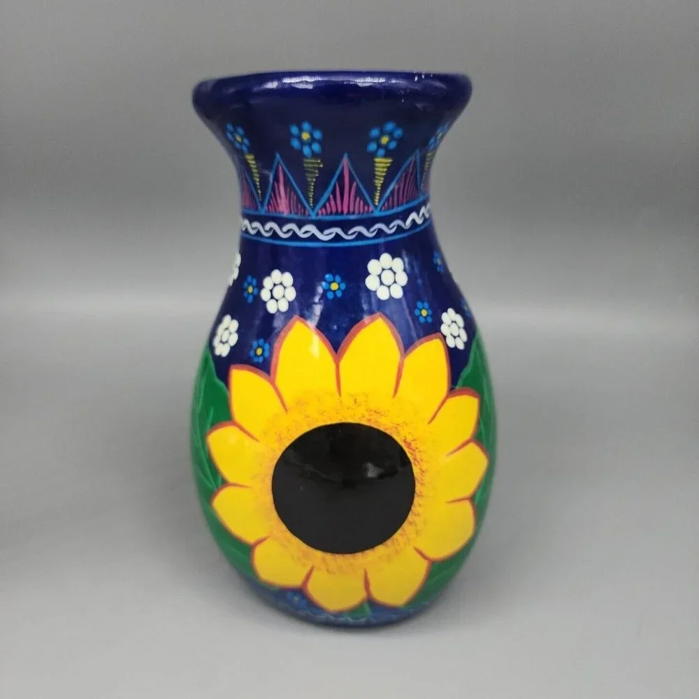 Hand-Painted Sunflower Ceramic Vase - Blue and Yellow